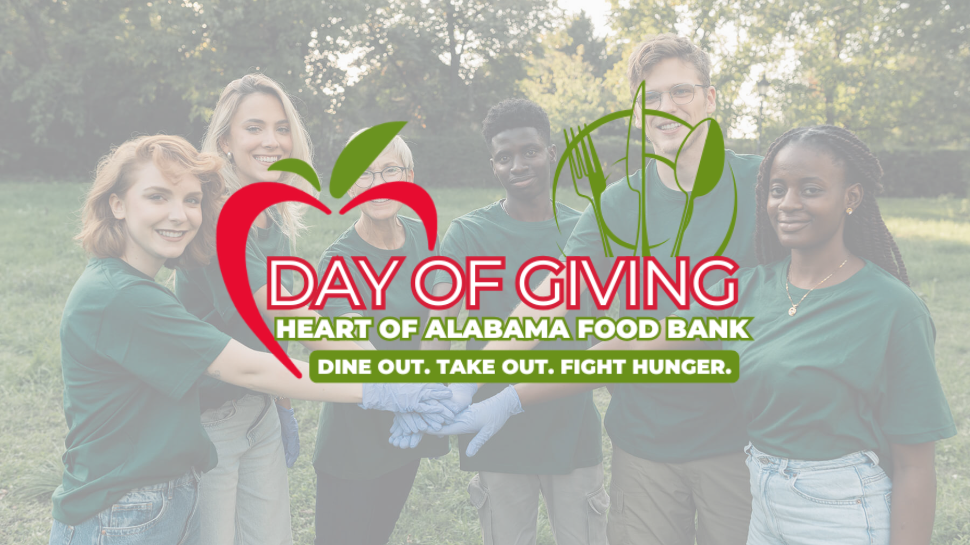 Day of Giving Logo Graphic with image of volunteers in the background